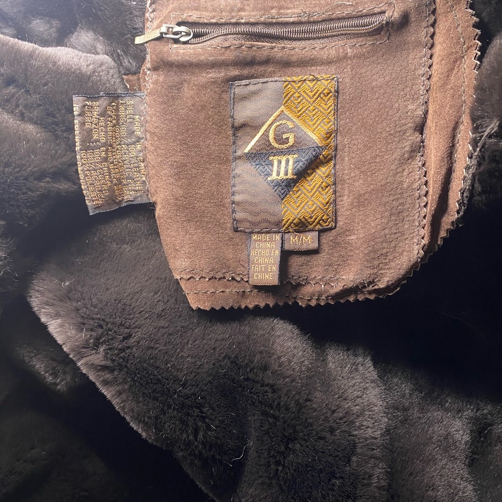 Brown Leather shearling  coat with Fur Trim - Picture 3 of 4